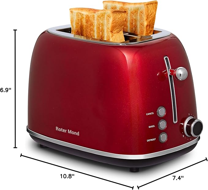 Roter Mond 2 Slice Toaster Retro Stainless Steel with Bagel Cancel and Defrost Functions 6 Bread Shade Settings Extra Wide Slots and Removable Crumb Tray Red