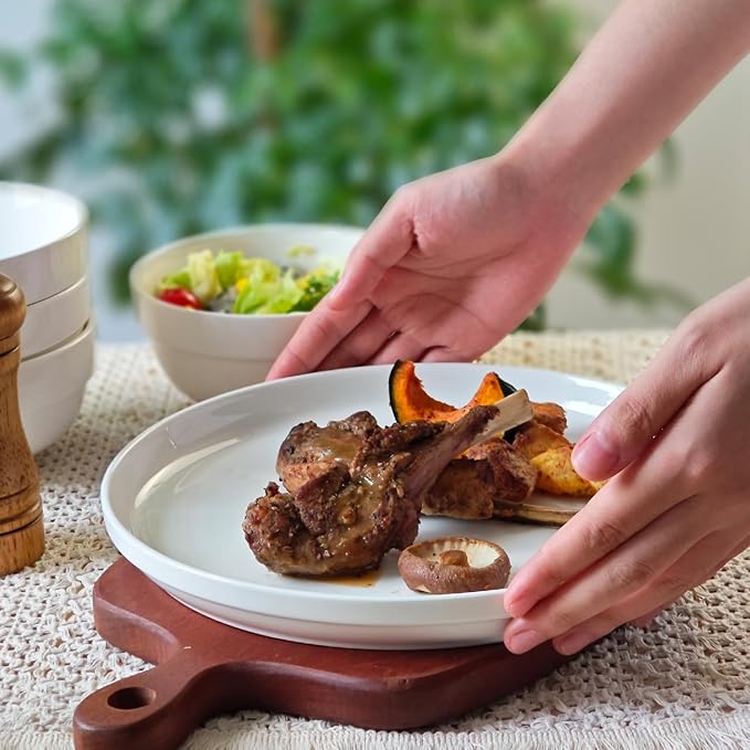HAPPY KIT 12 Pieces Porcelain Dinnerware Set Serving Plates and Bowls Set for 4 Chip and Scratch Resistant White Kitchen Dishware Sets Thick-edge Non-slip Design