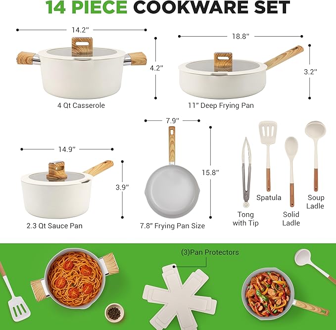 NutriChef 14-Piece pots and pans Set Ceramic Cookware Set - Induction Safe Pots and Pans with Glass Lids Cool-Touch Handles Dishwasher Safe Includes Ladle Tongs Spatula White