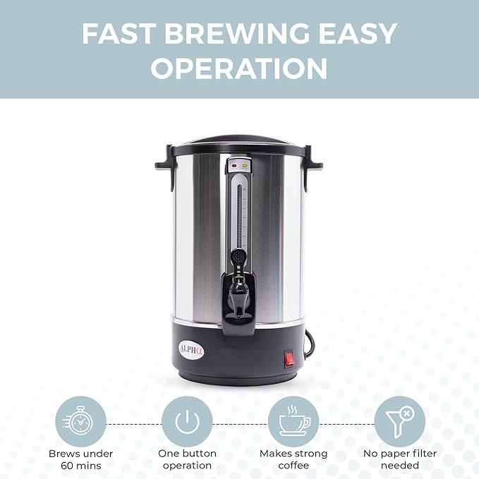 ALPHA LIVING 100 Cups Electric Coffee Urn – Stainless Steel Large Capacity Electric Kettle Percolator Coffee Pot – Ideal Hot Beverage Dispenser for Catering Hotels Restaurants –Leak-Proof Tap