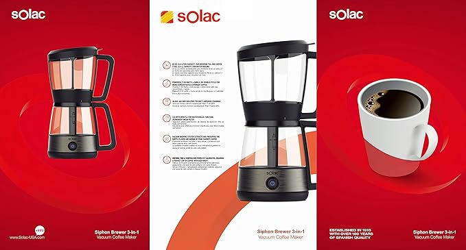 SOLAC SIPHON BREWER 3-in-1 Vacuum Coffee Maker Tea Brewer &amp Water Boiler Brushed Stainless Steel and Black 30 oz