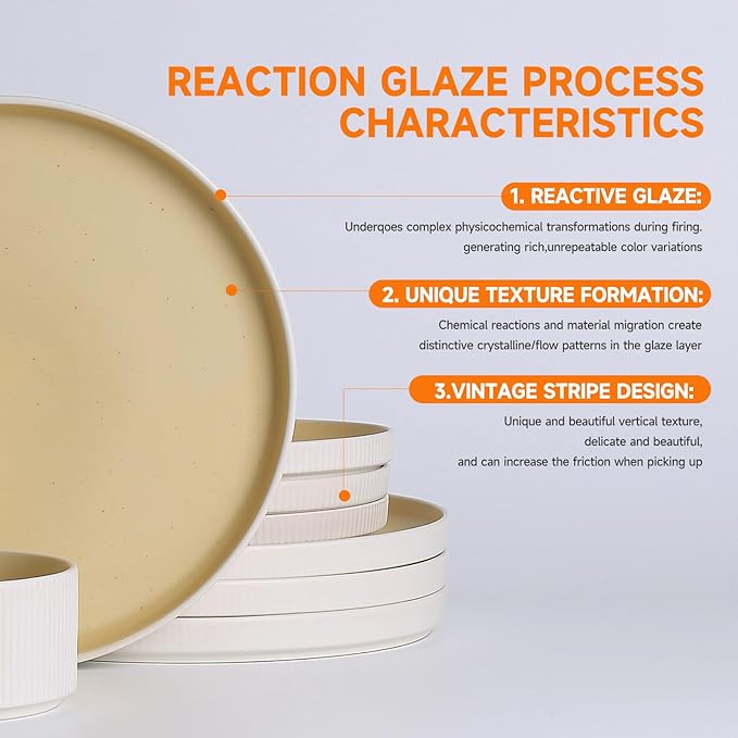 MONITO Ceramic Dinnerware Sets for 4 12PCS Stoneware Plates and Bowls Sets Reactive Glaze Dish Set Chip and Scratch Resistant Double Microwave and Dishwasher Safe White Orange