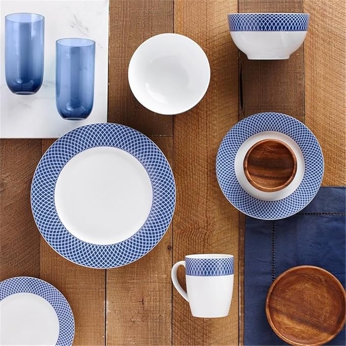 Pemberly Row Porcelain Dinner Set 16 Piece Porcelain Blue Diamond