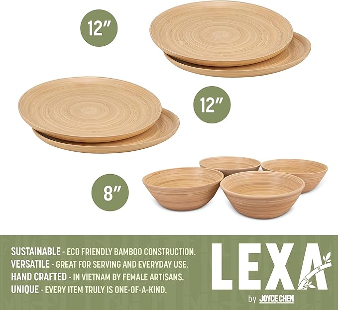 LEXA 8-Piece Handcrafted Bamboo Plate &amp Bowl Set Four 12” Serving Plates and Four 8” Bowls Spun Bamboo Dinnerware for Everyday Meals Entertaining &amp Home Décor (Natural)
