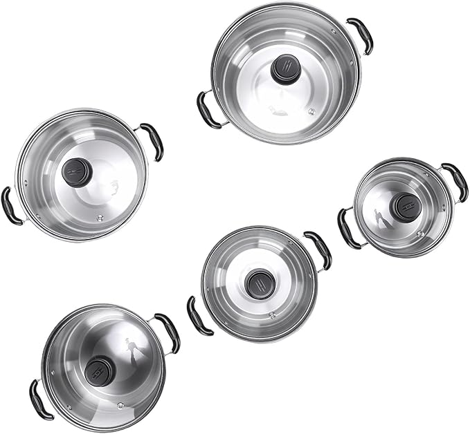 MAVIS LAVEN Stainless Steel Cookware Set 5 Pots with Glass Lids for Cooking Sturdy Structure Easy and Dishwasher Safe Induction Compatible for Diverse Cooking Needs