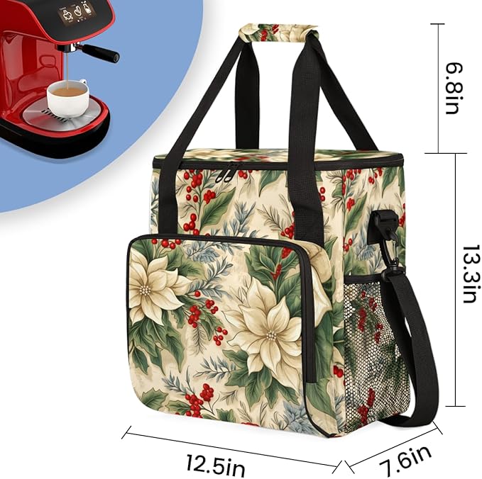 Holly Berry Flowers Coffee Maker Carrying Bag Retro Flowers Travel Storage Bag Compatible with K-Mini or K-Mini Plus Single Serve Coffee Brewer Carrying Case with Multiple Pockets &amp Shoulder Str