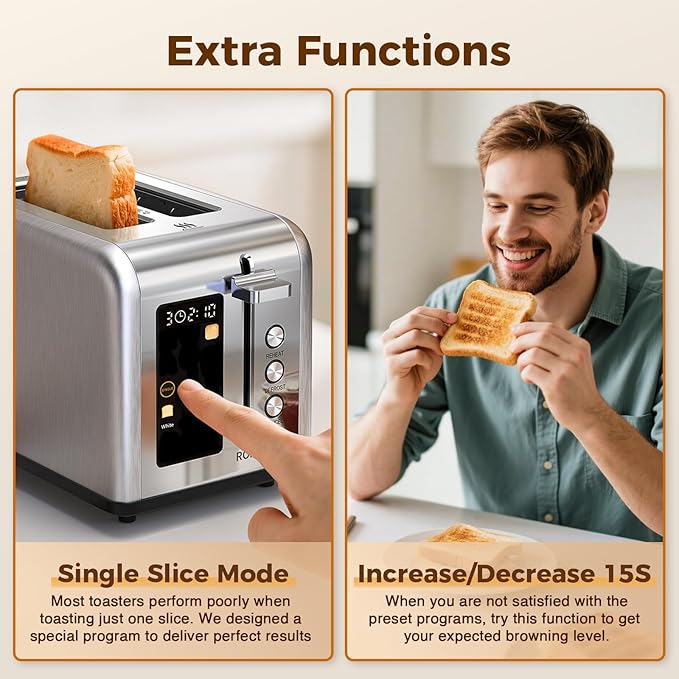 2 Slice Easy Touch Screen Toaster Stainless Steel Toaster with Wide Slots Even Toasting for Bagels &amp Bread Reheat &amp Defrost Removable Crumb Tray Silver