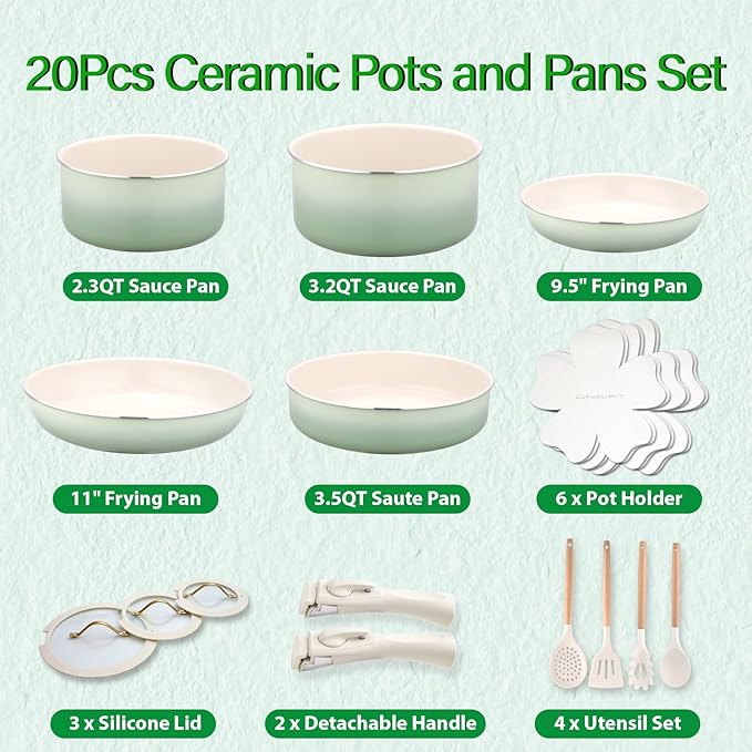 20pcs Ceramic Cookware Set Nonstick Detachable Handle Pots and Pans Set Non ToxicNo PFAS &amp PTFE &amp PFOA Dishwasher/Oven Safe RV Kitchen Set Removable Handle for Cooking Green