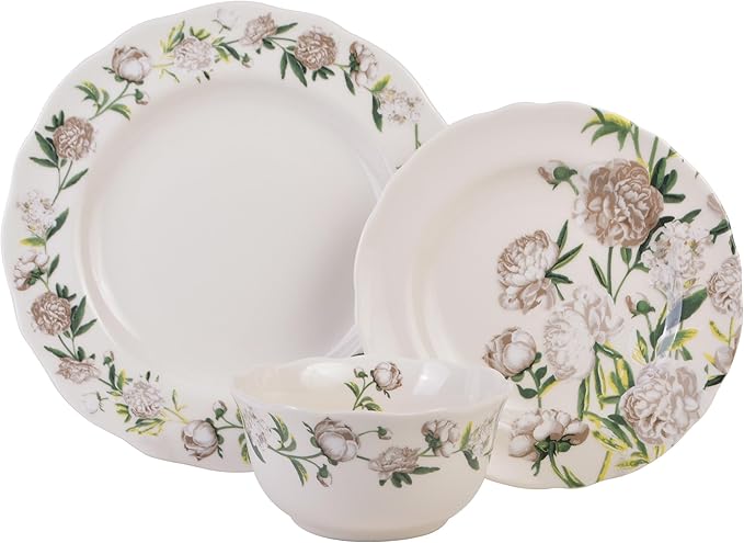222 Fifth Luxe Peony Neutral Porcelain 12-Piece Dinnerware Set – Service for 4 Includes Dinner Plates Salad Plates &amp Cereal Bowls Glossy Finish Dishwasher Safe for Daily Dining &amp Entertai