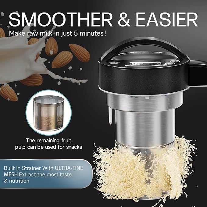 304 Stainless Steel Almond Milk Maker Machine (Built-in Filter) 50oz 6-7 Cups Per Batch 8-IN-1 Cooking Blender Make Plant Based Nut Milk Soy Oat Milk Soup &amp Juice Automatic Cleaning (Black)