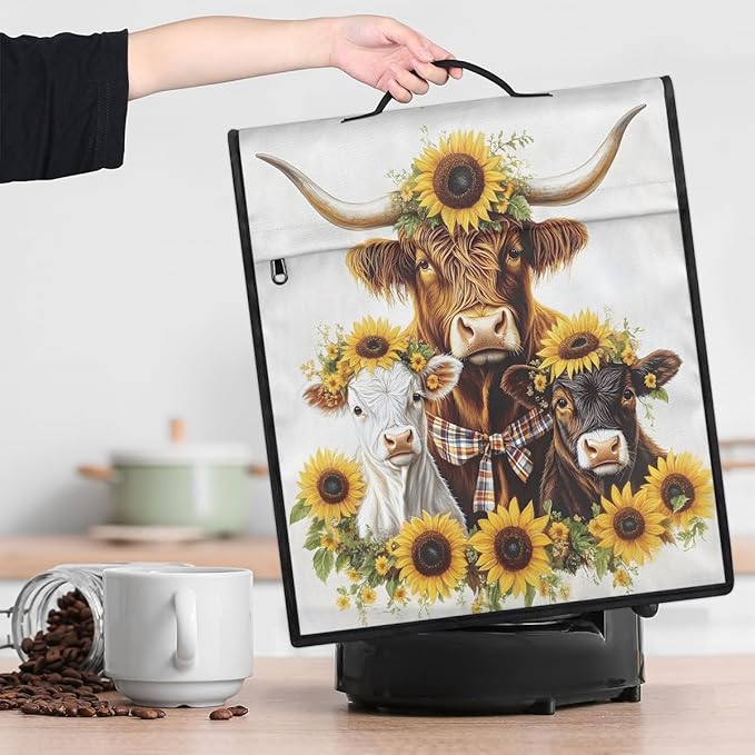 Kitchen Aid Mixer Cover Sunflower Cute Highland Cows Stand Mixer Cover Compatible with 6-8 Quarts Stand Mixers Dust Covers with Zipper Pocket Foldable Washable Kitchen Aid Organizer Bag