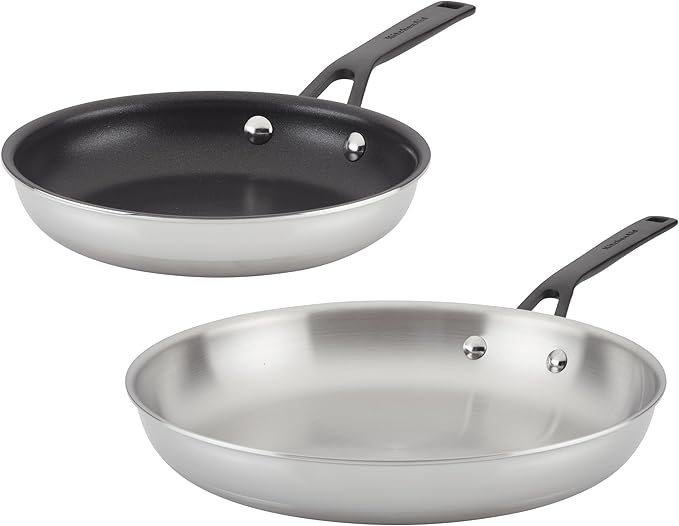 KitchenAid 5-Ply Clad Stainless Steel and Nonstick Induction Frying Pans/Skillet Set 8.25 Inch and 12.25 Inch - Polished Stainless Steel
