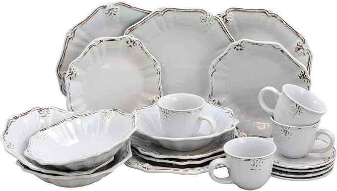 Beveled Edge 20 Piece Dinnerware Set In White Textured Casual Round Stoneware Microwave Safe
