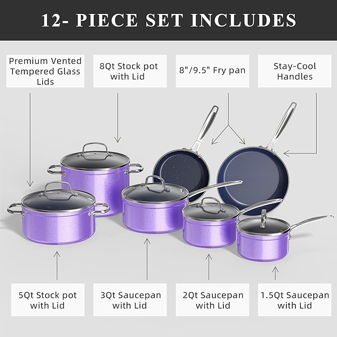 Nuwave Healthy Duralon Blue Ceramic Nonstick Cookware Set Diamond Infused Scratch-Resistant PFAS Free Dishwasher &amp Oven Safe Induction Ready &amp Evenly Heats Tempered Glass Lids &amp Stay-