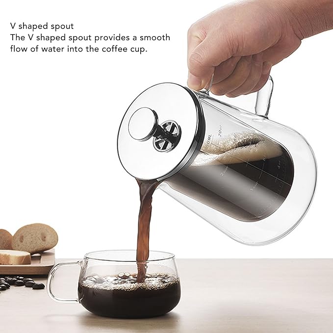 French Press Coffee Maker 650ML High Borosilicate Glass Coffee Plunger Pot with V Shape Spout and Temperature Proof Design for Home Studio Tea Room