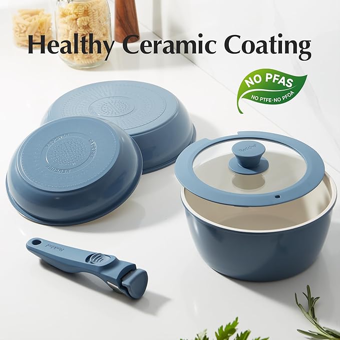 Redchef 6pcsCeramic Cookware Set Removable Handle Pots And Pans Non Stick Rv Cookware Set Non Toxic Pots And Pans Set No PFAS &amp PTFE &amp PFOA Detachable Pots And Pans Dishwasher &amp Oven