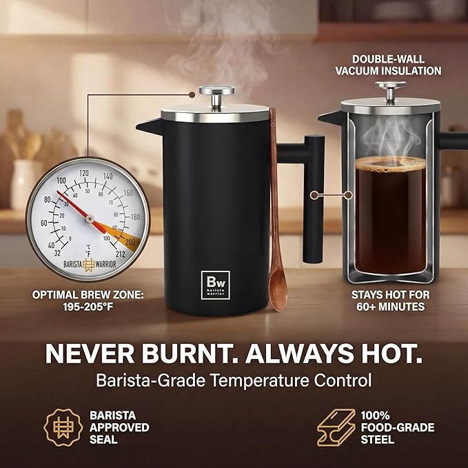 Barista Warrior French Press Coffee Maker Stainless Steel with Built-In Thermometer - Insulated Double Wall Design Dual Filter System Stay-Cool Handle &amp Wood Spoon - Black
