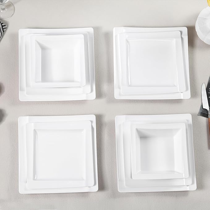 Square Melamine Dinnerware Sets of 12 PcsSquare Plates and Bowls SetsUnbreakable Dish Set for 4Lightweight Dishwasher Safe and BPA FreeSuit for RVCamping（White）