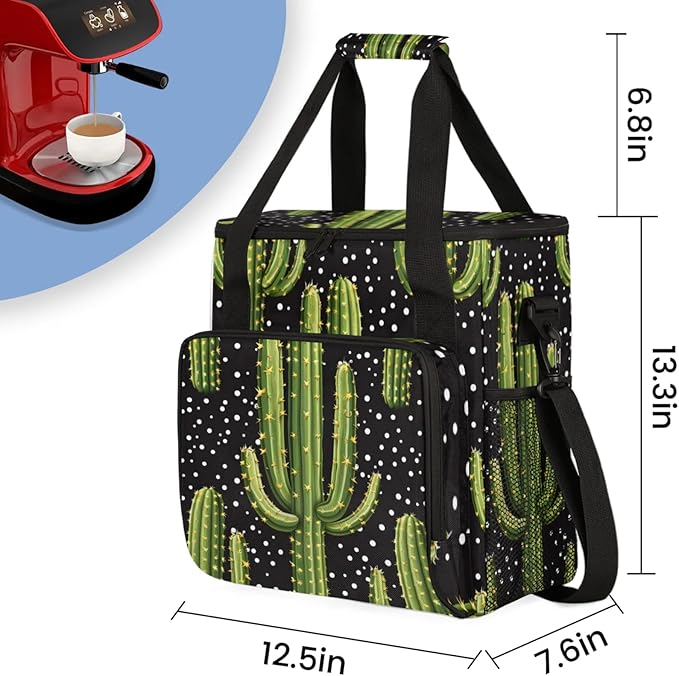 Dots Cactus Coffee Maker Travel Bag for Keurig K-Mini/K-Mini Plus Insulated Waterproof Tote with Pockets for K-Cup Portable Single-Serve Brewer Case
