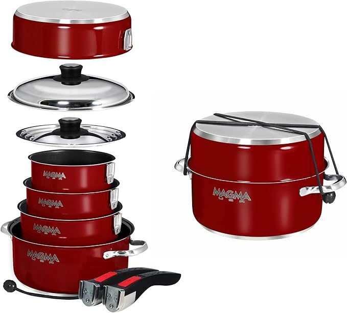 Magma 10 Piece Gourmet Nesting Stainless Steel Cookware Set with Ceramica Non-Stick Induction Compatible Oven Safe to 500°F - Suitable for All Stovetops Removable Handles Red