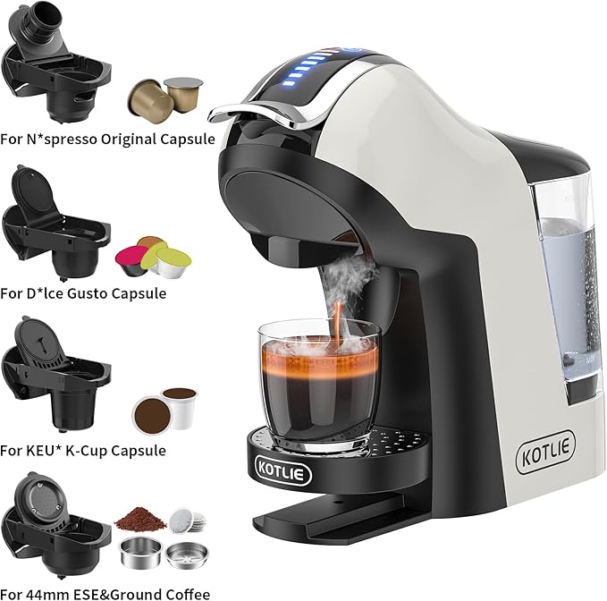 KOTLIE Single Cup Coffee Maker Multi Capsule Machine Compatible With Various Capsule Types 4 Temperature Settings 7 Water Volume Levels19 Bar(Glossy White)
