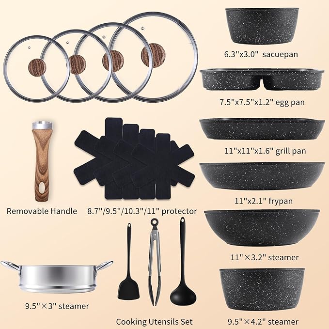 Nonstick Pots and Pans Set 17 Pcs Kitchen Cookware Set with Stay-Cool Handles - Induction Compatible Black Nonstick Coating