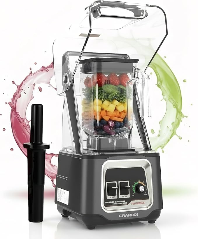 CRANDDI Professional Smoothie Blender 2200W Commercial Soundproof Quiet blender with Removable Soundproof Shield for Crushing Ice MilkShakes Puree Self-Cleaning 50oz 110V K80 (Grey)
