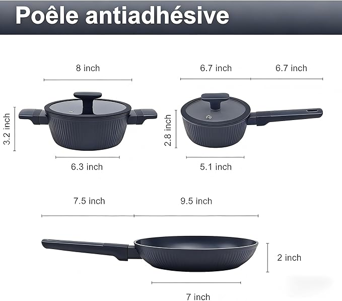Nonstick Cookware Set Non Toxic 3-Piece Pots and Pans Set PFOA/PTFE Free Induction Ready &amp Dishwasher Safe Ceramic Coating for Easy Release