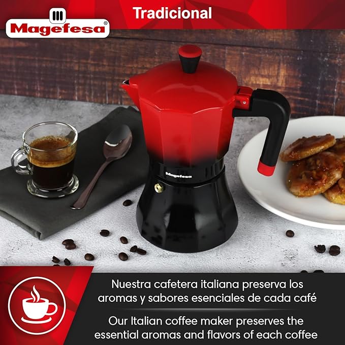 MAGEFESA Traditional Italian Coffee Maker Black and Red 9 Cups 450 ml Stainless Steel and Aluminium All Hob Types Induction Cold Handle