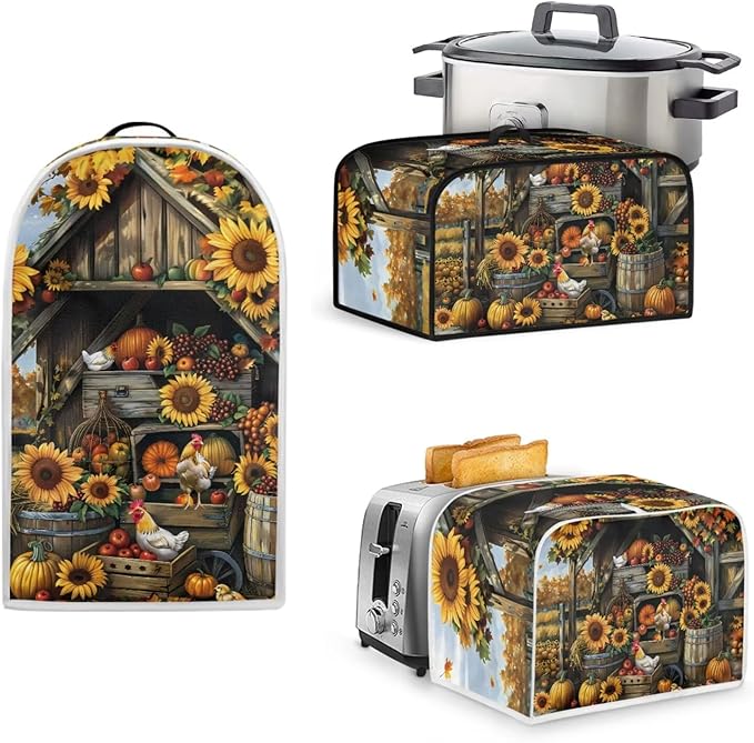 Sunflower Chicken Coop Kitchen Appliance SetUniversal Size Blender Cover Slow Cooker Cover and Toaster Cover 2 Slice Waffles Maker Oven Dust Cover Women Christmas Decorations