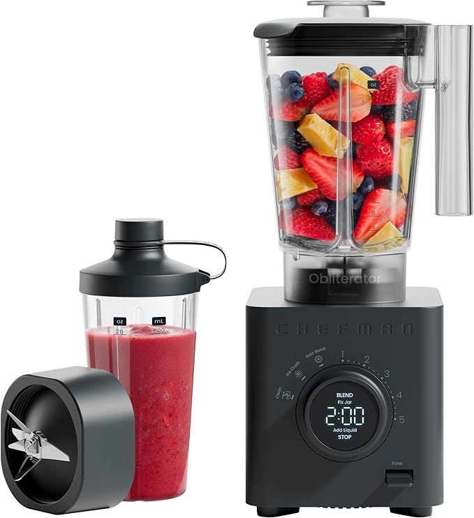 Chefman Obliterator 48 oz Countertop Blender for Smoothies 1380W Motor to Crush Ice Nuts and Frozen Fruit with Stainless Steel Blade Auto Blend Function Includes 20 oz Travel Jar