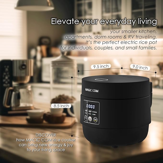 MAGiC COM Rice Cooker 4 Cup Uncooked (8 Cup Cooked) Small Digital Multi-Cooker with Steamer 24H Delay Timer Automatic Keep Warm Non-Stick Pot Perfect for Dorm Travel Single Serve (Black)