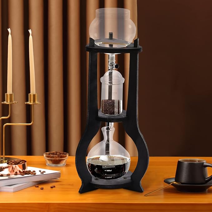 Grey Cold Brew Drip Tower Coffee Maker 6-8 Cup 600 ml Wooden Frame Adjustable Valve Ice Coffee Brewer Borosilicate Glass Server Slow Dutch Dripper for Kitchen Office Cafe Compact Iced Coffee