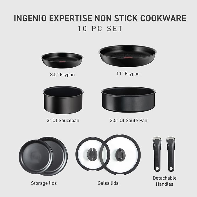 T-fal Ingenio Expertise Non Stick Cookware Set 10 Piece Induction Oven Broiler Safe 500F Stackable Cookware Pots and Pans Set RV Camping Frying Pans Dishwasher Safe Detachable HandleBlack