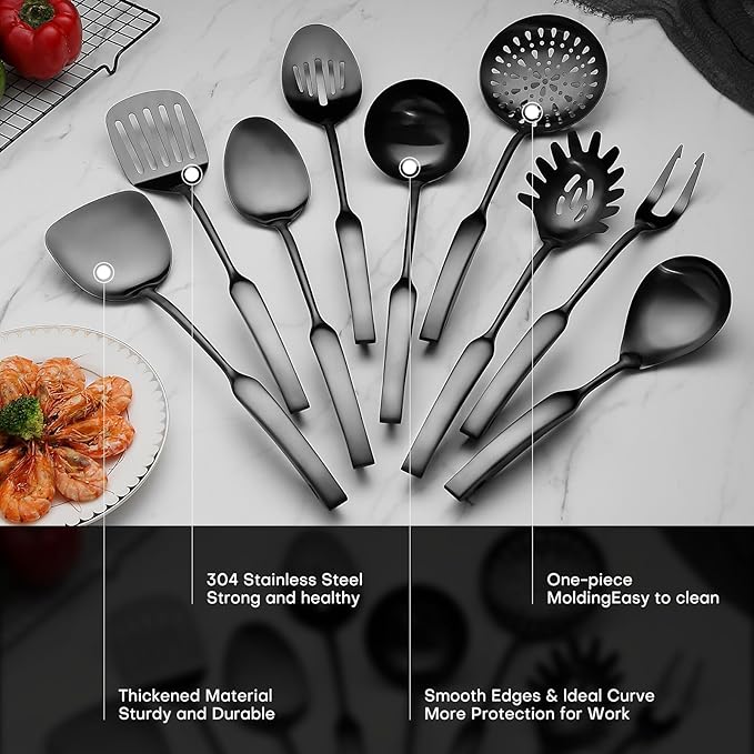 9PCS Silverware Set for 304 Stainless Steel Kitchen Utensils Set Cooking Utensil Set 15 Inches All Metal Cooking Tools Wok Kitchen Cookware Set with Spatula Useful Pots and Pans Accessories