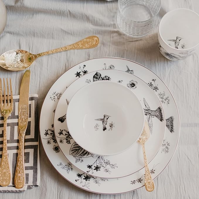 Botanic Plates and Bowls Sets Dishes Set for 4 Ceramic Plates and Bowls Set Service for 4 Bone China Dinnerware Set Salad Dessert Plates and Cereal Bowls Set Microwave safe by KOKEN