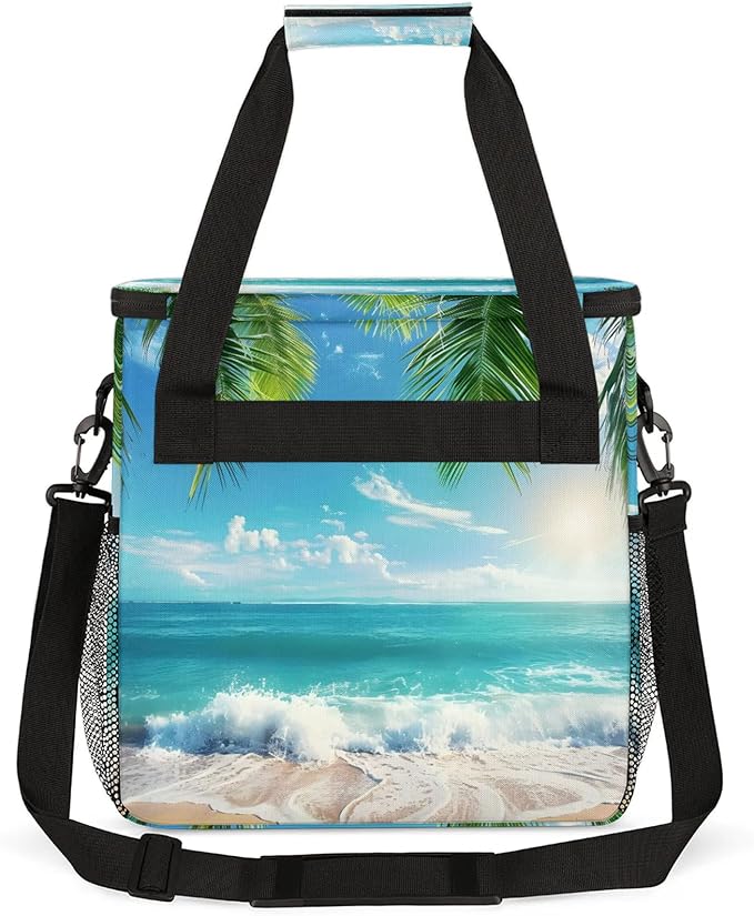 Palm Tree Coastal Beach Travel Coffee Maker Carrying Bag Large Organizer Storage Tote Bag Insulated Reusable Cooler Grocery Bags