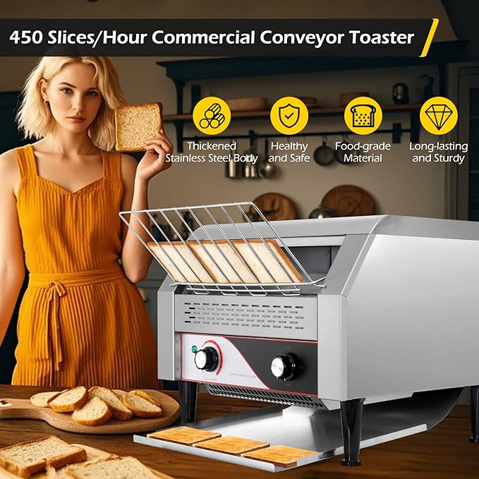 Dyna-Living Commercial Toaster 450 Slices/H Restaurant Toasters 1900W Conveyor Rotating Toaster Oven Commercial Belt Toasters Hamburger Bread Bun Toaster for Restaurant