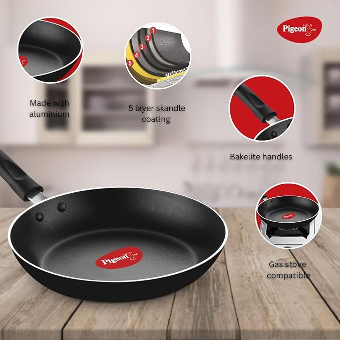 Pigeon Mio Nonstick Aluminium Cookware Gift Set 8 Pieces (Black Red) Includes Fry Pan Tawa Kitchen Tool Set Kadai with Glass Lid