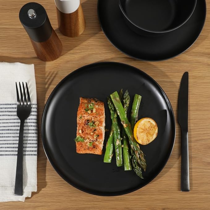 Gibson Home Fairhope 12-Piece Matte Black Melamine Dinnerware Set – Durable Lightweight Plates and Bowls Kitchen Dining Set
