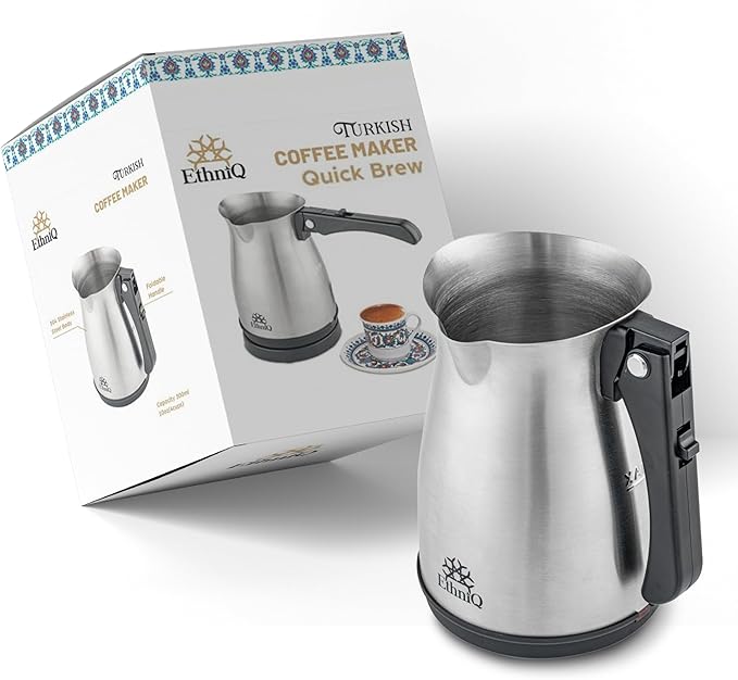 ETHNIQ Turkish Coffee Pot - Stainless Steel 120V 1 to 4 Cup Capacity Fast Brewing Delicious Cup of Turkish Arabic &amp Greek Coffee Maker with Foldable Handle for Home &amp Travel &amp on-off