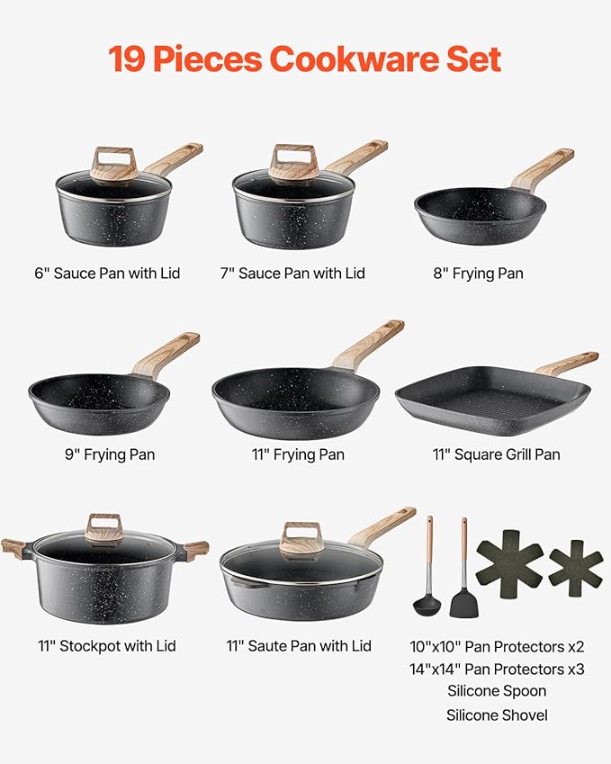 VEVOR 19 Piece Pots and Pans Set Granite Nonstick Cookware Set Induction Cookwares Kitchen RV Cooking Sets with Frying Sauce Saute Tempered Glass Lids and Pan Protectors Black