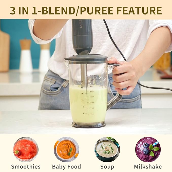 La Reveuse Immersion Blender Handheld 3 in 1 300 Watts 2 Speeds Multi-purpose with WhiskMixing BeakerFood Chopper Grinder attachments