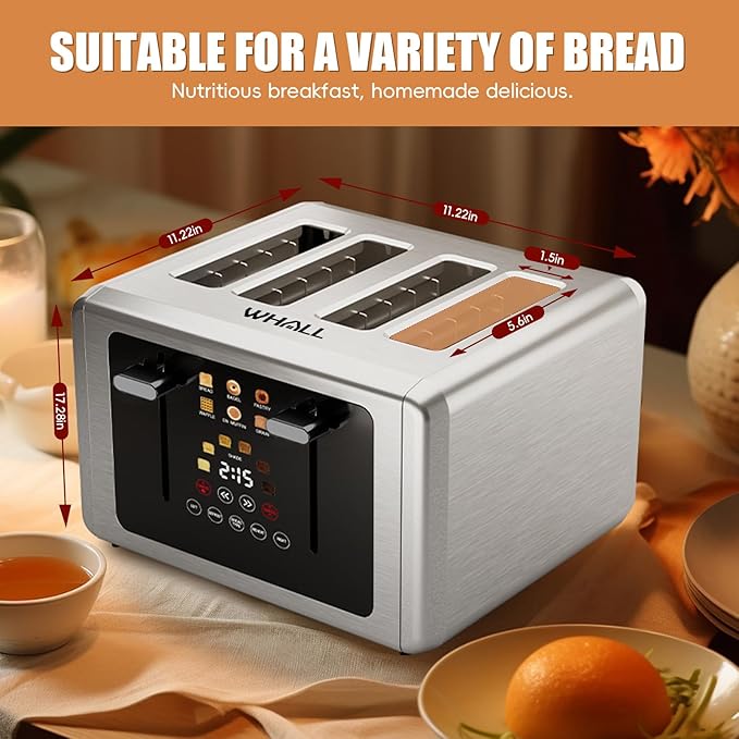 Whall 4-Slice Smart Toaster with Touchscreen &amp Extra-Wide Slots Dual Independent Control 6 Browning Levels &amp 6 Bread Types Memory FunctionCountdown Timer Ideal Kitchen Gift