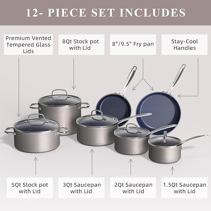Healthy Duralon Blue Ceramic Nonstick Cookware Set Diamond Infused Scratch-Resistant PFAS Free Dishwasher &amp Oven Safe Induction Ready &amp Evenly Heats Tempered Glass Lids &amp Stay-Cool Ha