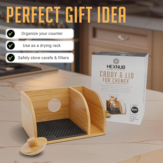 HEXNUB Caddy and Lid for Pour Over Coffee Maker Bamboo Stand fits Chemex Bodum Cosori Coffee Carafes Heatproof Mat Filter Holder - Black Mat