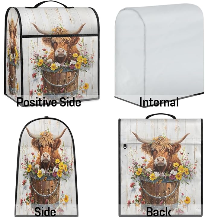 Kitchen Aid Mixer Cover Flowers Cute Cow Highland Stand Mixer Cover Compatible with 6-8 Quarts Stand Mixers Dust Covers with Zipper Pocket Foldable Washable Kitchen Aid Organizer Bag