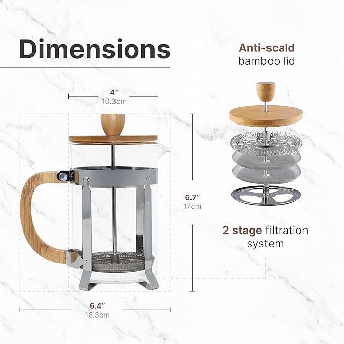 27oz Glass French Press Coffee Maker with Bamboo Wooden Handle Lid and Stainless Steel Frame Manual Coffee and Tea Brewer with 3 Level Filter System
