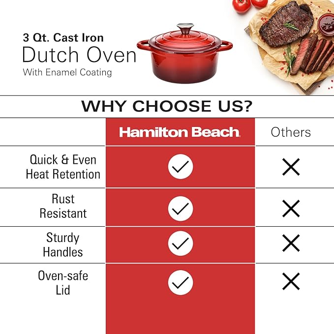 Hamilton Beach 3-Quart Enameled Cast Iron Dutch Oven with Lid | Heavy-Duty Pot for Braising Roasting &amp Baking | Red