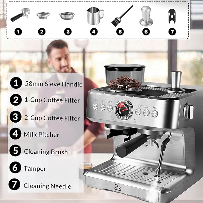 GlowSol Espresso Machine with Bean Grinder Semi Automatic Espresso Machine 20-Bar Espresso Maker with Milk Frother Steam Wand 2.8L Water Tank Home Espresso Coffee Maker for Latte Cappuccino